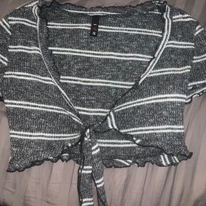 Gray and white striped tie up crop top